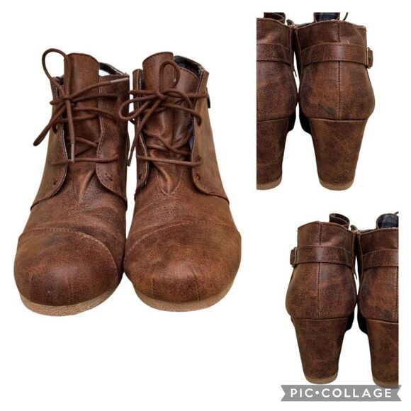 Maurices Cheri Lace Up Wedge Heel Ankle Bootie Brown Distressed Cognac Size 11 - Picture 5 of 10